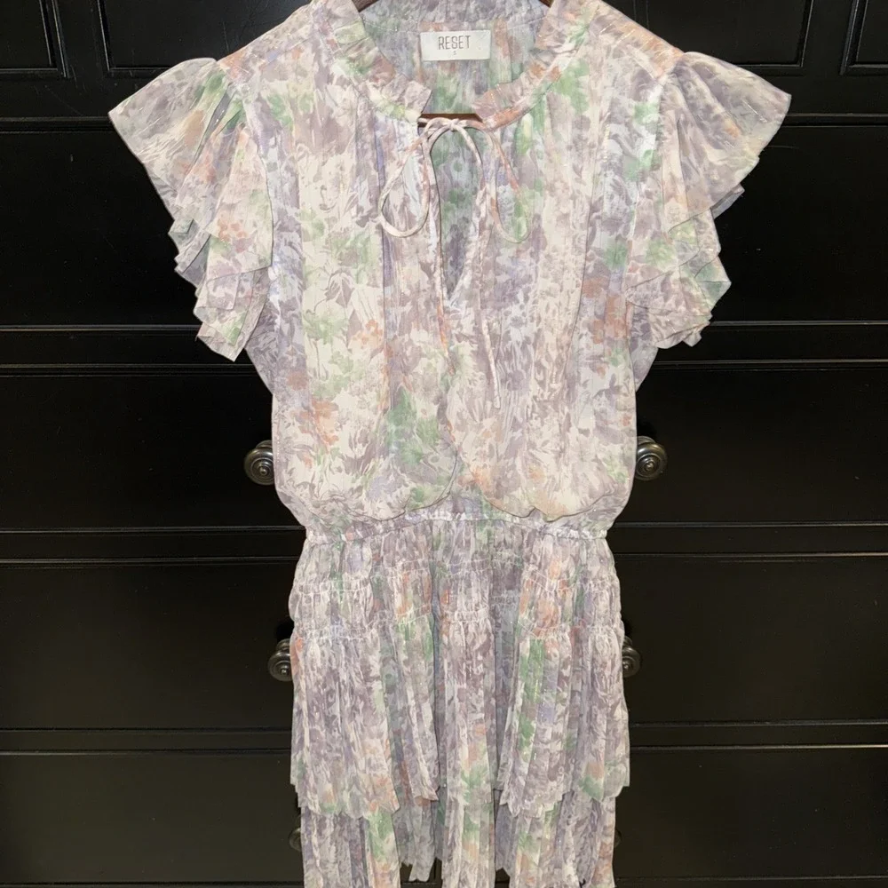 Reset Women's Flutter Sleeve Ruffle Pastel Mini Dress Small‎ Smocked Waist